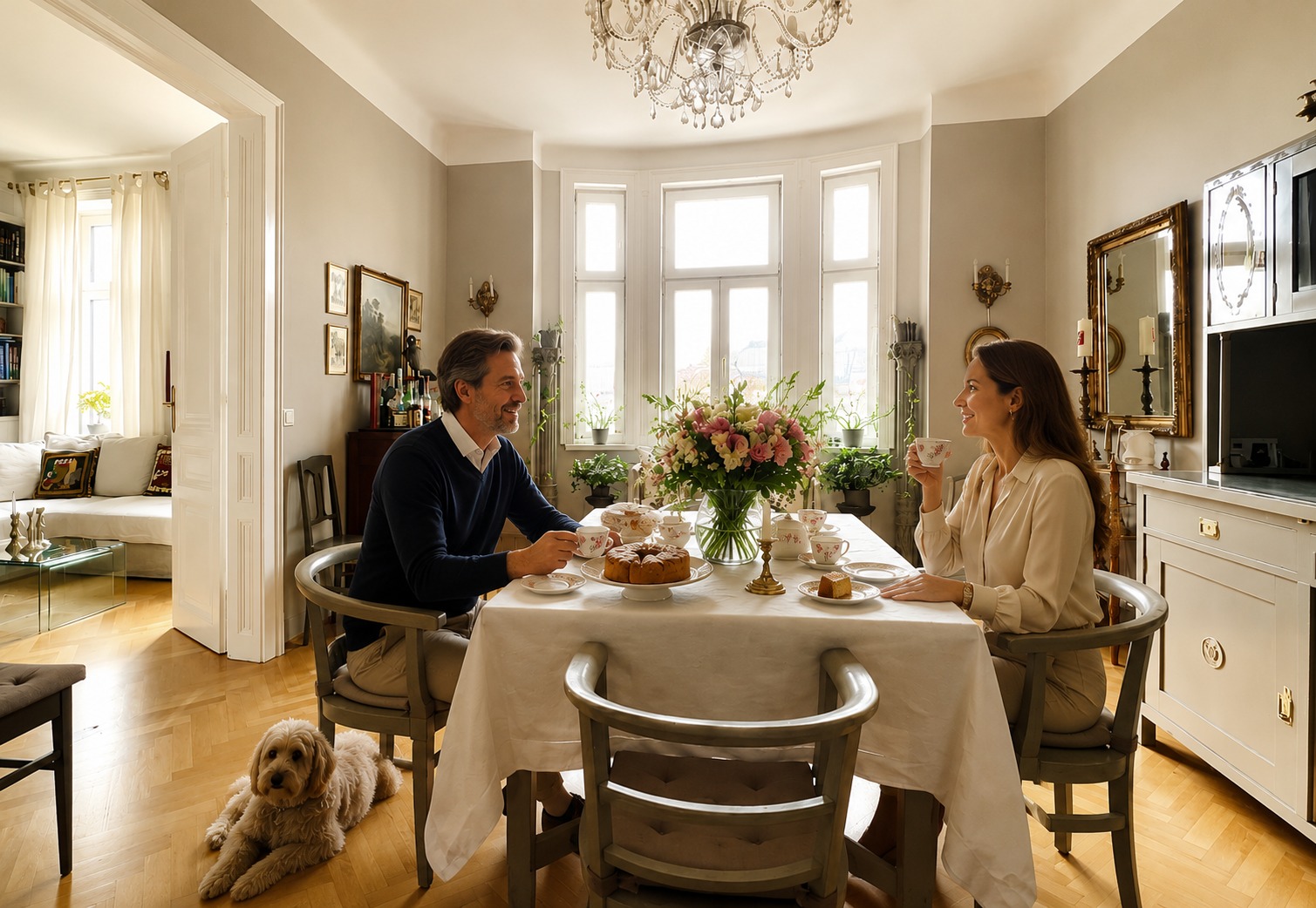 Paar bei Kaffee und Kuchen in einer eleganten Wiener Wohnung